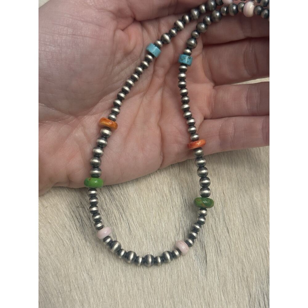 Native American Sterling Silver Pink Conch Turquoise Spiny Navajo Pearl Necklace - Picture 2 of 8